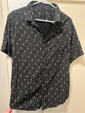 RVCA Black Short Sleeve Button-Down Shirt with Pink Floral Print